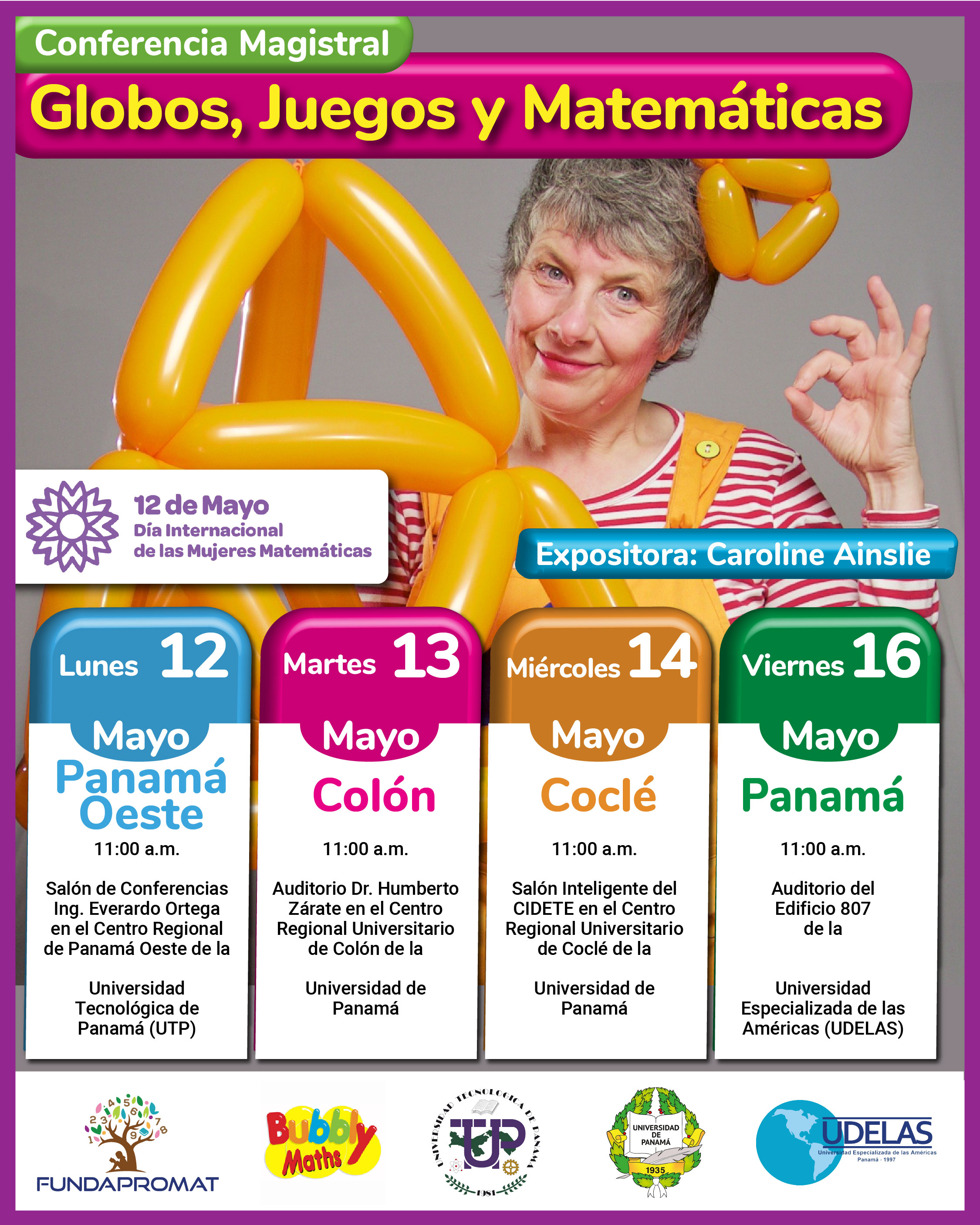 Afiche promocional de las conferencias magistrales de Caroline Ainslie en la República de Panamá