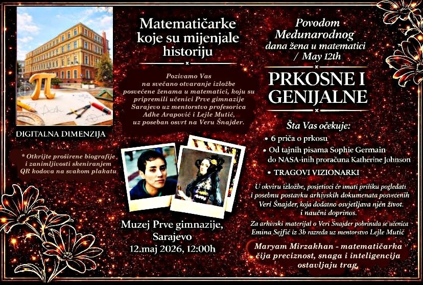 Invitation poster for the exhibition "Defiant and Brilliant: Women Who Changed History" at First Gymnasium Sarajevo on May 12, 2026