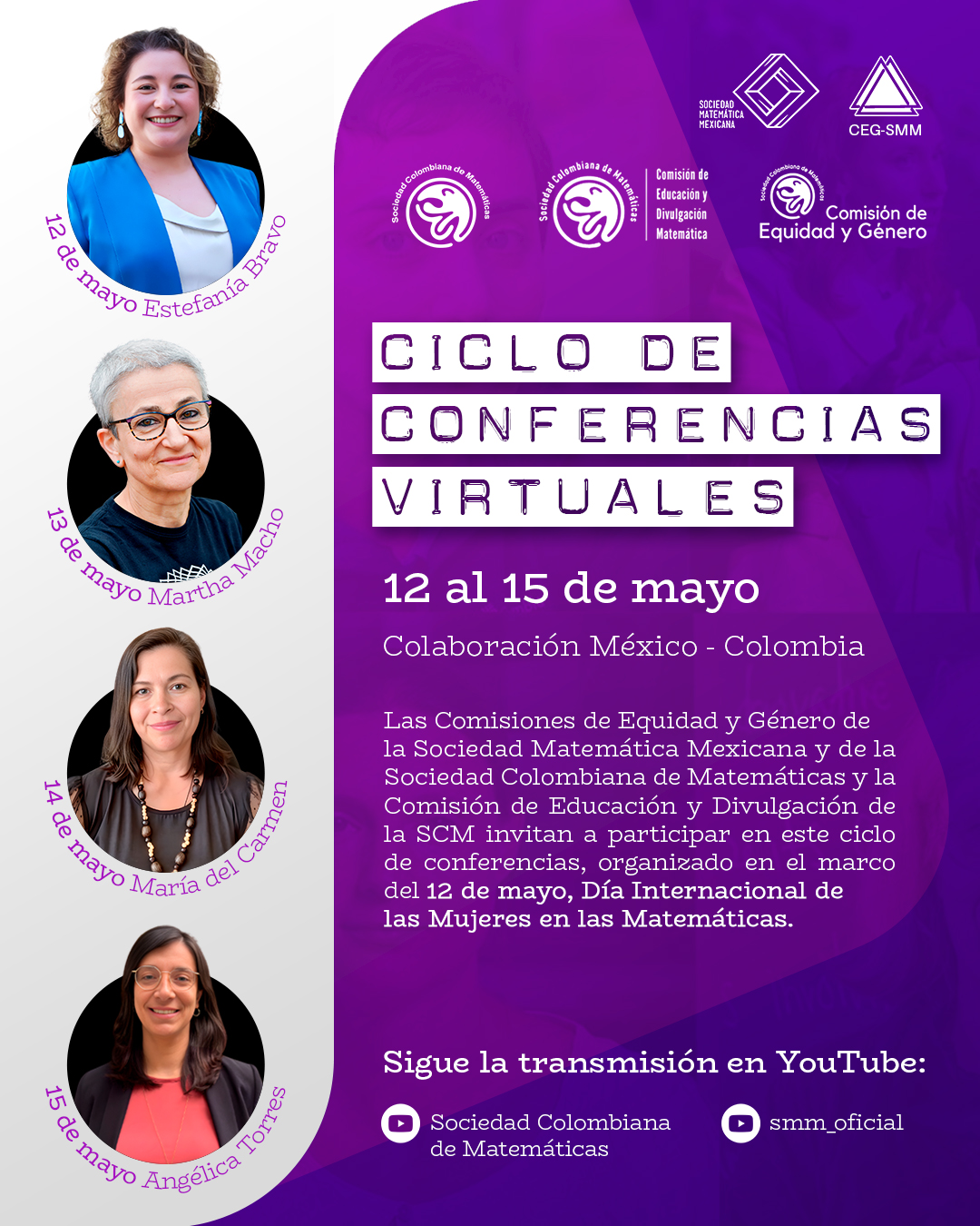 Poster Ciclo de Conferencias: Día Internacional de la Mujer Matemática. Sociedad Matemática Mexicana y Sociedad Colombiana de Matemáticas